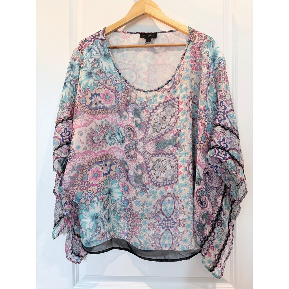 Investments II Womens 2X Paisley Floral Poncho Top Ruffle Lace Trim Sheer Blouse